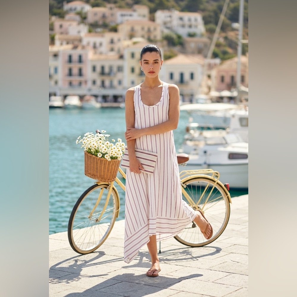 BCBGMAXAZRIA White Stripe Open Back Maxi Dress Asymmetric Hem Size XS Summer